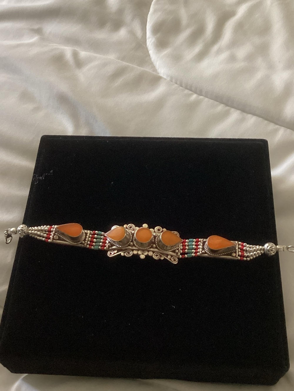 Sterling Silver Orange Stone Beaded Women's Bracelet